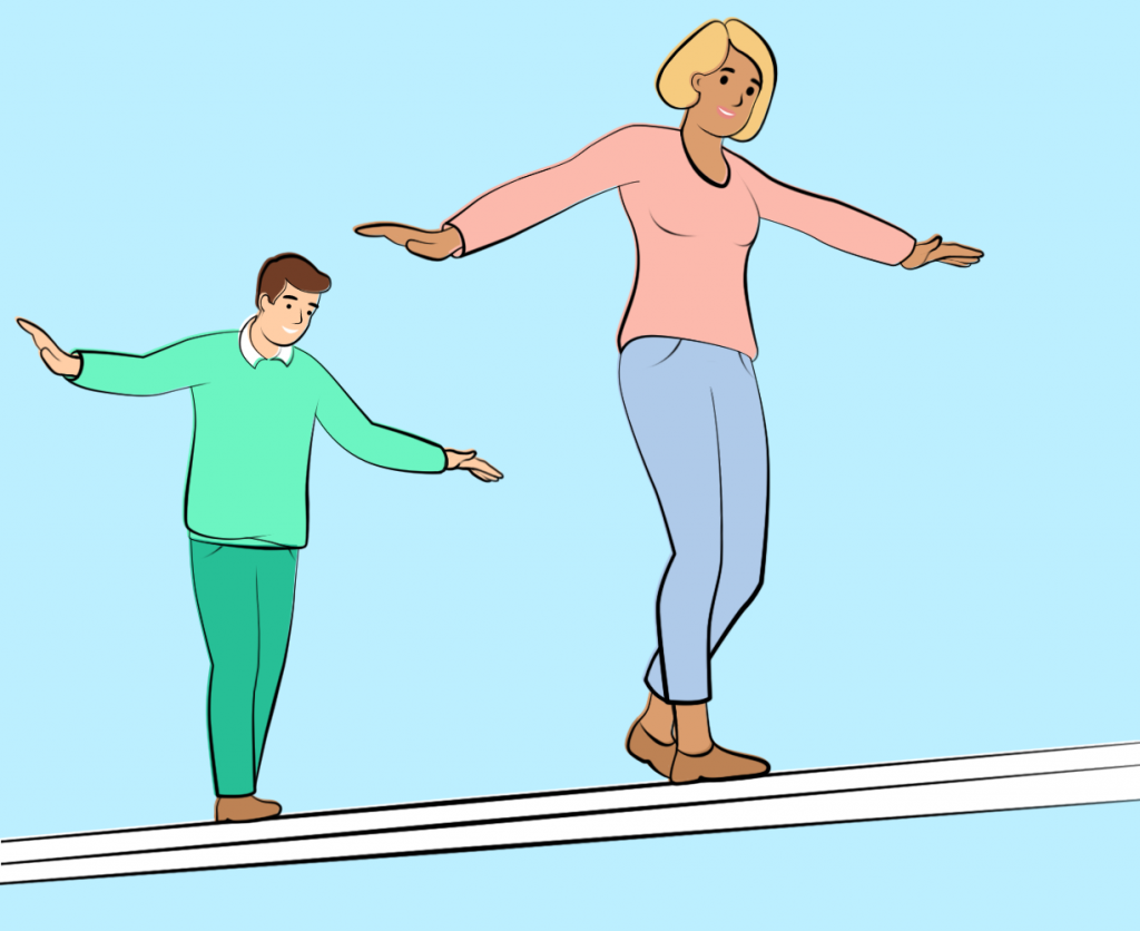 A woman and a man balancing on a beam.
