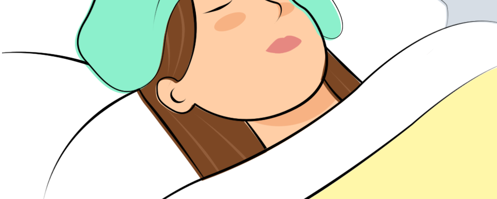 A sleeping woman with migraine, lying in bed with a green towel over her forehead.